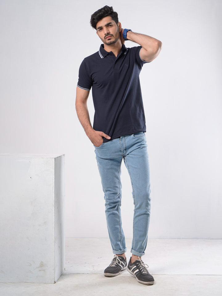 Navy Blue Plain Contrast Tipping Half Sleeves Polo T-Shirt (POLO-753)