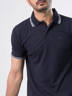 Navy Blue Plain Contrast Tipping Half Sleeves Polo T-Shirt (POLO-753)