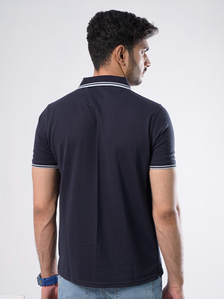 Navy Blue Plain Contrast Tipping Half Sleeves Polo T-Shirt (POLO-753)