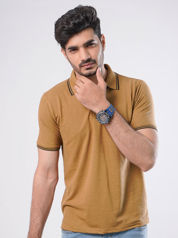 Mustard Plain Contrast Tipping Half Sleeves Polo T-Shirt (POLO-755)