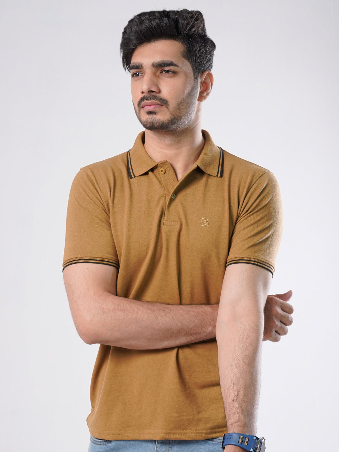 Mustard Plain Contrast Tipping Half Sleeves Polo T-Shirt (POLO-755)