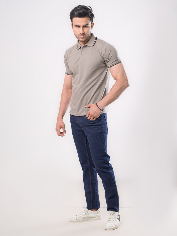 Beige Plain Contrast Tipping Half Sleeves Polo T-Shirt (POLO-756)