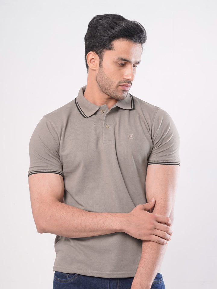 Beige Plain Contrast Tipping Half Sleeves Polo T-Shirt (POLO-756)