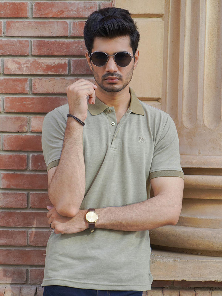 Beige Contrast Bird Eye Half Sleeves Polo T-Shirt (POLO-757)