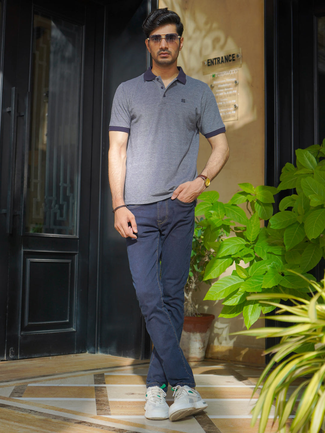 Navy Blue Contrast Bird Eye Half Sleeves Polo T-Shirt (POLO-759)