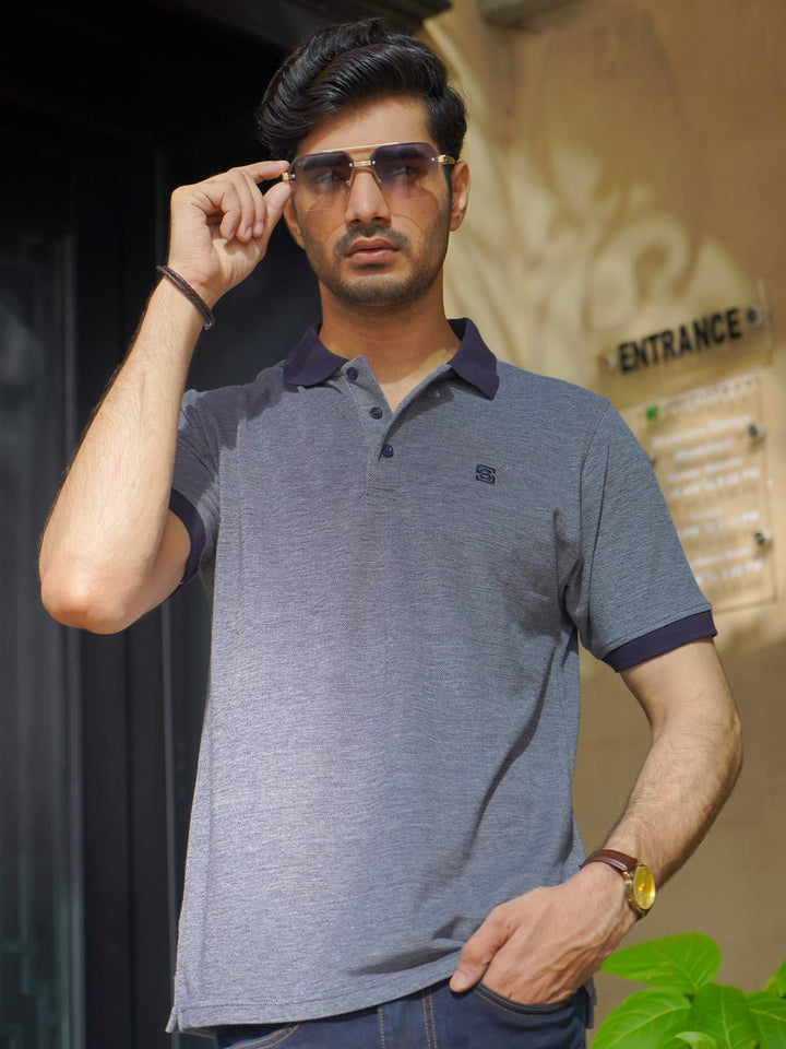 Navy Blue Contrast Bird Eye Half Sleeves Polo T-Shirt (POLO-759)