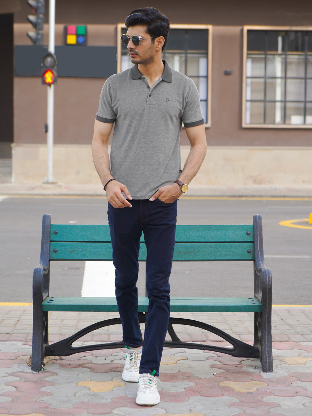 Grey Contrast Bird Eye Half Sleeves Polo T-Shirt (POLO-760)