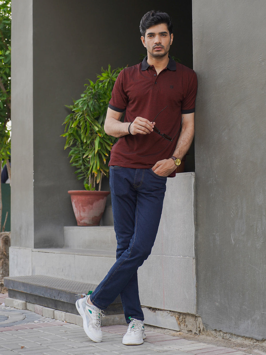 Maroon Contrast Bird Eye Half Sleeves Polo T-Shirt (POLO -761)