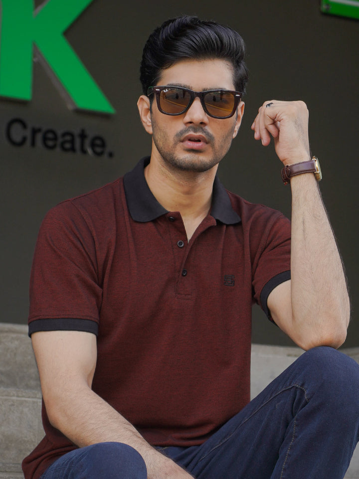 Maroon Contrast Bird Eye Half Sleeves Polo T-Shirt (POLO -761)