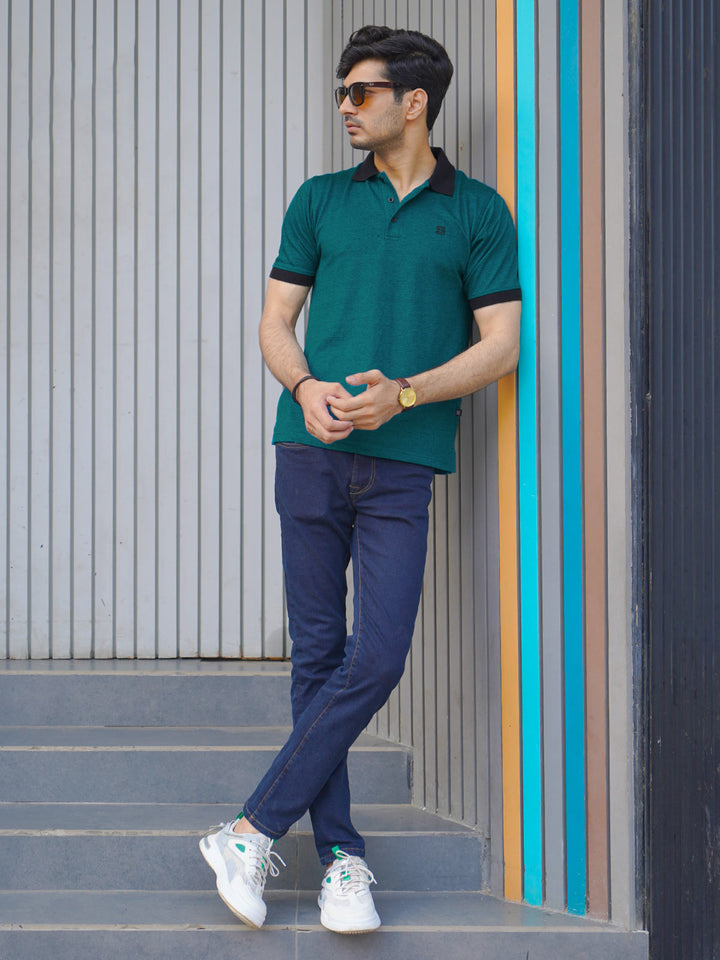 Teal Contrast Bird Eye Half Sleeves Polo T-Shirt (POLO -762)