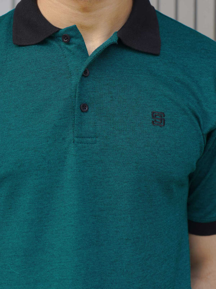 Teal Contrast Bird Eye Half Sleeves Polo T-Shirt (POLO -762)