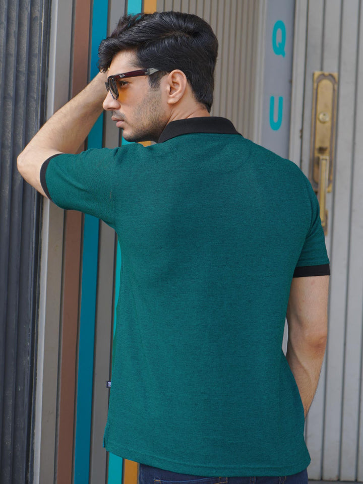 Teal Contrast Bird Eye Half Sleeves Polo T-Shirt (POLO -762)