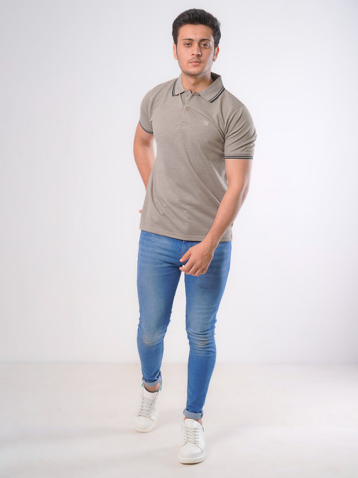 Beige Plain Contrast Tipping Half Sleeves Polo T-Shirt (POLO-782)