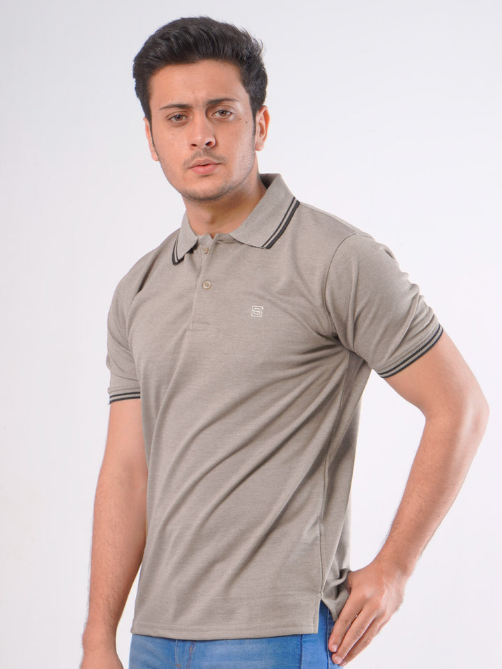 Beige Plain Contrast Tipping Half Sleeves Polo T-Shirt (POLO-782)