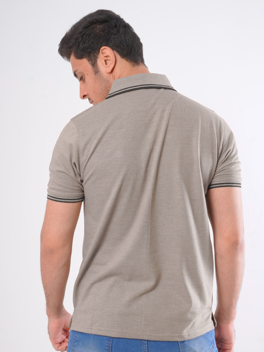 Beige Plain Contrast Tipping Half Sleeves Polo T-Shirt (POLO-782)