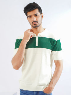 Green & White Half Sleeves Designer Zipper Knitted Polo T-Shirt (POLO-785)