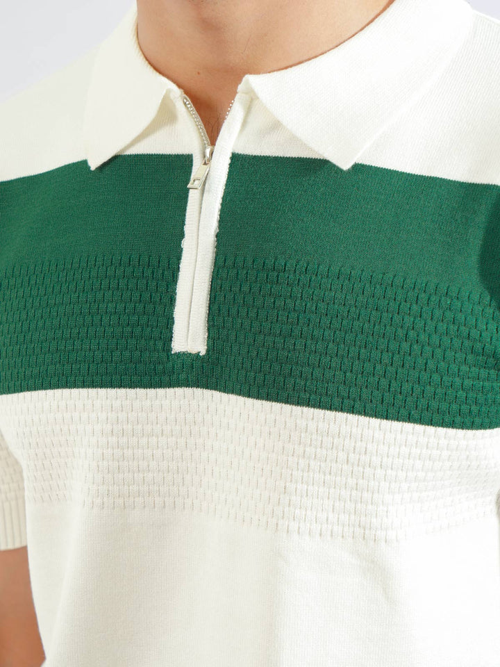 Green & White Half Sleeves Designer Zipper Knitted Polo T-Shirt (POLO-785)