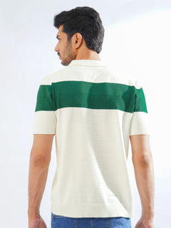 Green & White Half Sleeves Designer Zipper Knitted Polo T-Shirt (POLO-785)