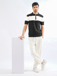 Black & White Half Sleeves Designer Zipper Knitted Polo T-Shirt (POLO-786)