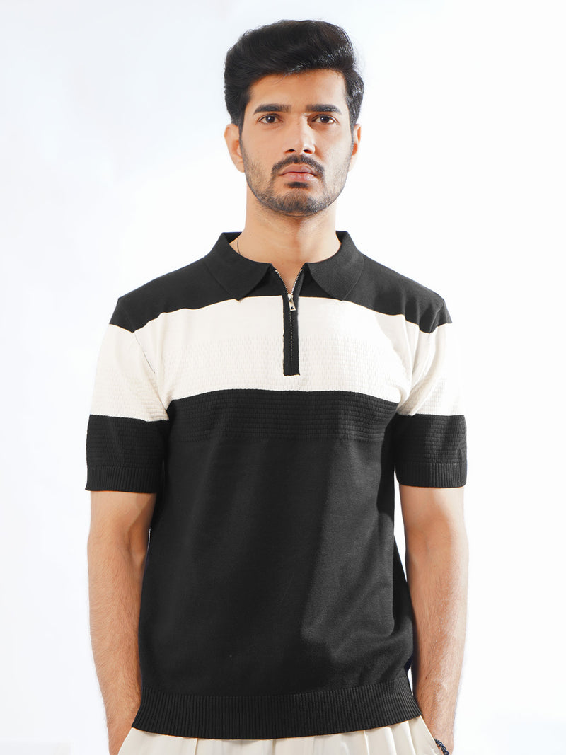 Black & White Half Sleeves Designer Zipper Knitted Polo T-Shirt (POLO-786)