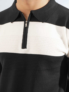 Black & White Half Sleeves Designer Zipper Knitted Polo T-Shirt (POLO-786)