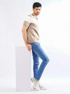 Beige & White Half Sleeves Designer Knitted Polo T-Shirt (POLO-787)