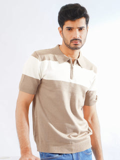 Beige & White Half Sleeves Designer Knitted Polo T-Shirt (POLO-787)