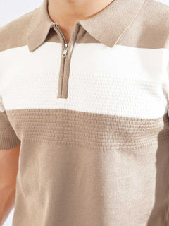 Beige & White Half Sleeves Designer Knitted Polo T-Shirt (POLO-787)