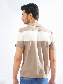 Beige & White Half Sleeves Designer Knitted Polo T-Shirt (POLO-787)