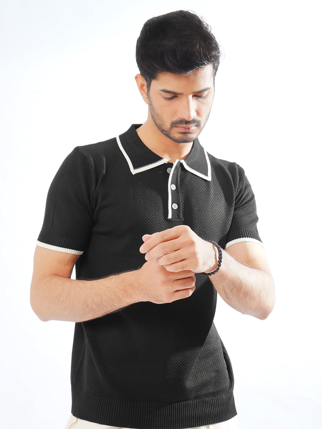 Black Contrast Tipping Half Sleeves Designer Knitted Polo T-Shirt (POLO-789)