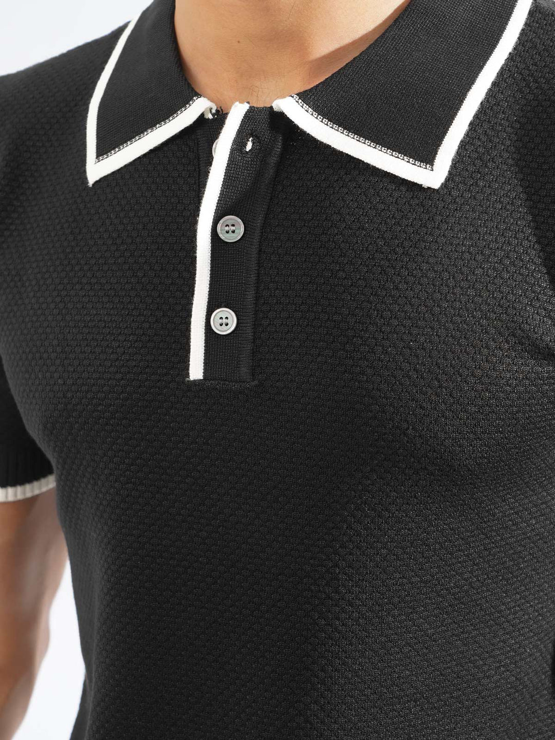 Black Contrast Tipping Half Sleeves Designer Knitted Polo T-Shirt (POLO-789)