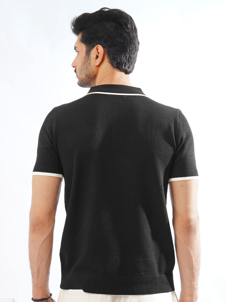 Black Contrast Tipping Half Sleeves Designer Knitted Polo T-Shirt (POLO-789)