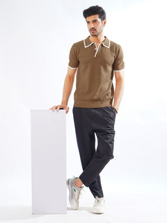 Golden Brown Contrast Tipping Half Sleeves Designer Knitted Polo T-Shirt (POLO-790)