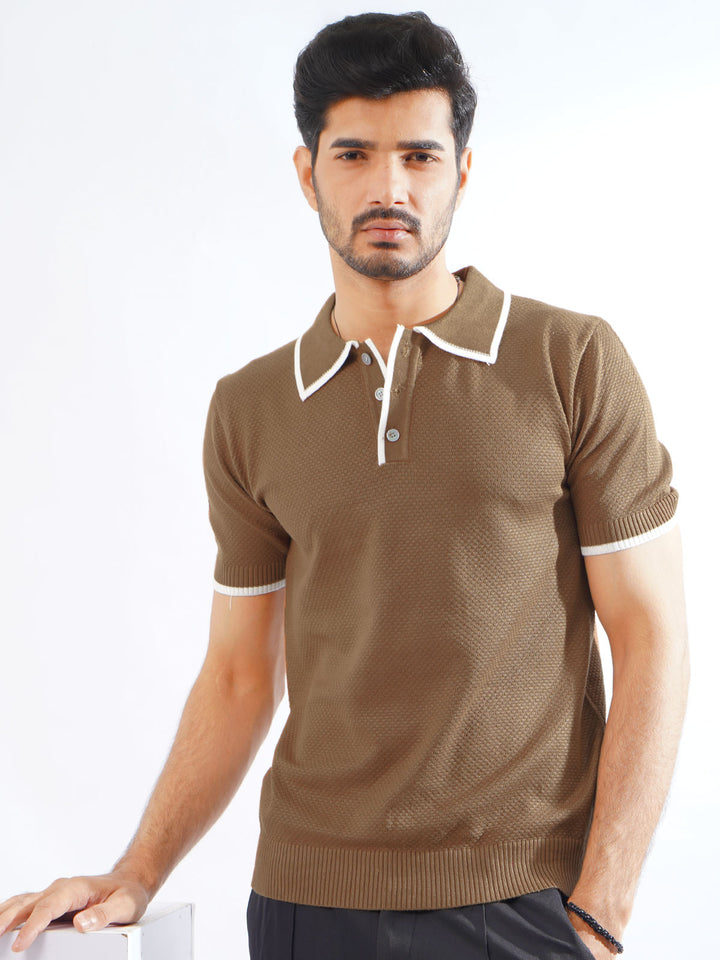 Golden Brown Contrast Tipping Half Sleeves Designer Knitted Polo T-Shirt (POLO-790)