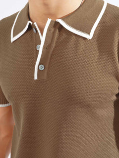 Golden Brown Contrast Tipping Half Sleeves Designer Knitted Polo T-Shirt (POLO-790)