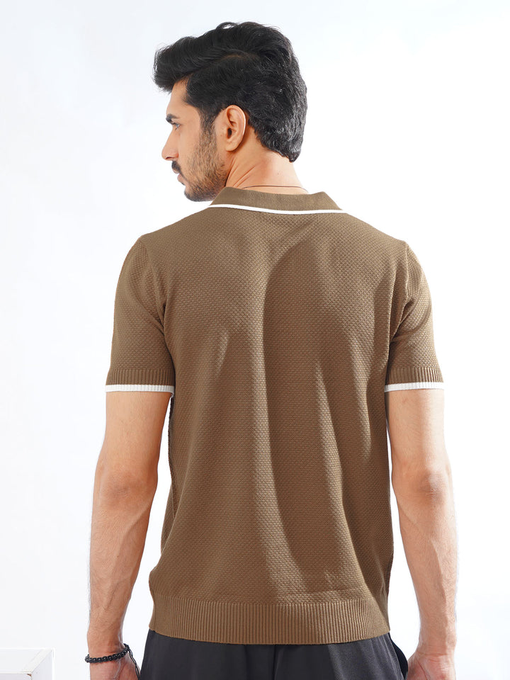 Golden Brown Contrast Tipping Half Sleeves Designer Knitted Polo T-Shirt (POLO-790)