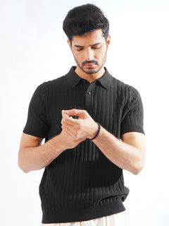 Black Half Sleeves Designer Knitted Polo T-Shirt (POLO-792)