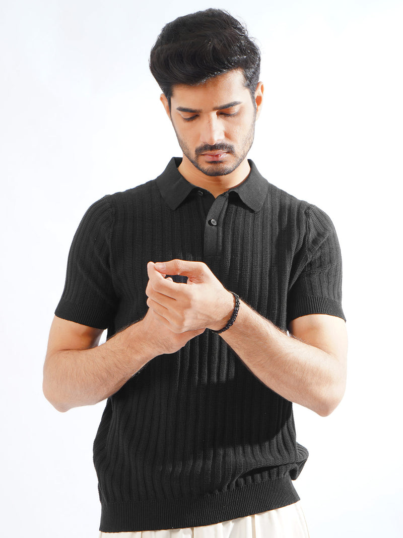 Black Half Sleeves Designer Knitted Polo T-Shirt (POLO-792)