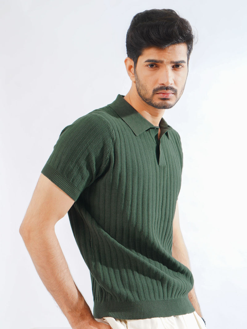 Green Half Sleeves Designer Knitted Polo T-Shirt (POLO-793)