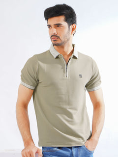 Beige Contrast Collar Half Sleeves Premium Zipper Striped Polo T-Shirt (POLO-795)