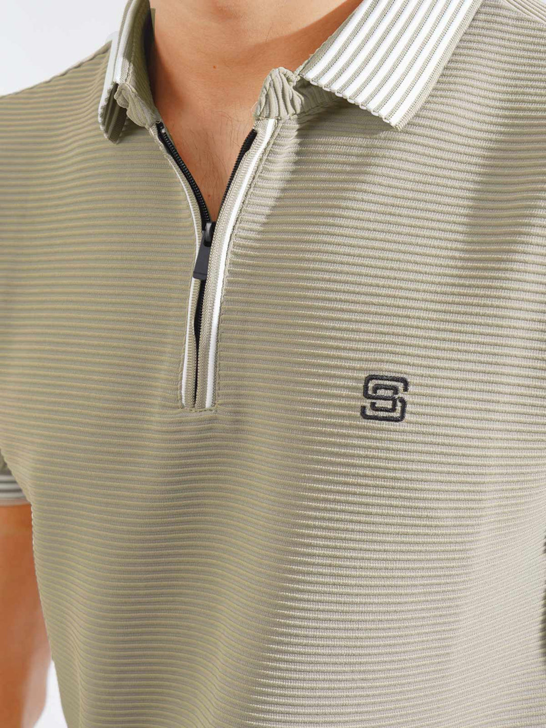 Beige Contrast Collar Half Sleeves Premium Zipper Striped Polo T-Shirt (POLO-795)