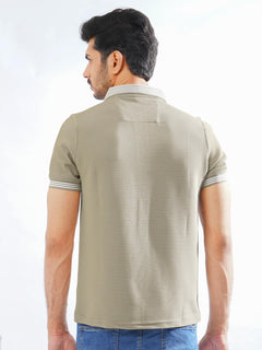 Beige Contrast Collar Half Sleeves Premium Zipper Striped Polo T-Shirt (POLO-795)