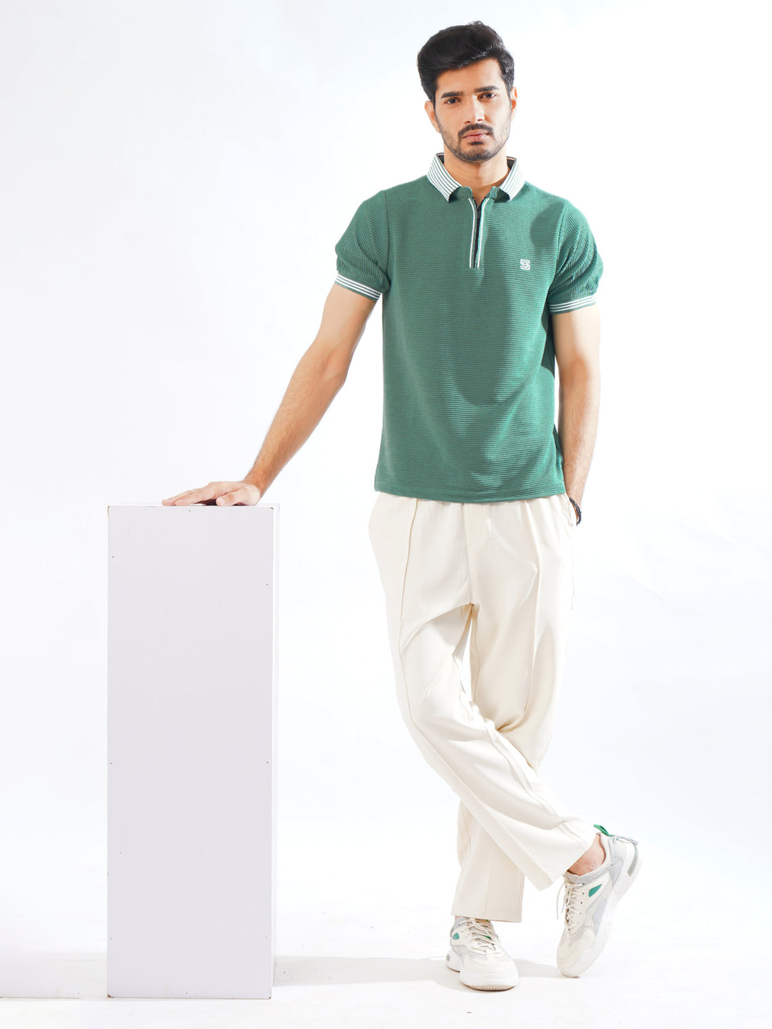 Teal Half Sleeves Premium Zipper Striped Polo T-Shirt (POLO-796)