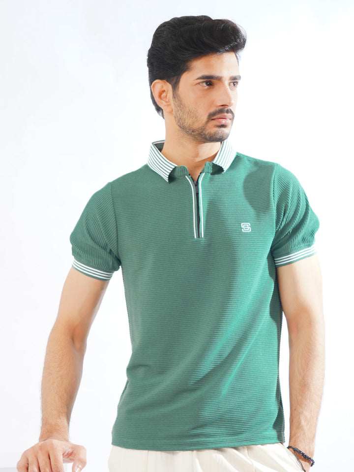 Teal Half Sleeves Premium Zipper Striped Polo T-Shirt (POLO-796)