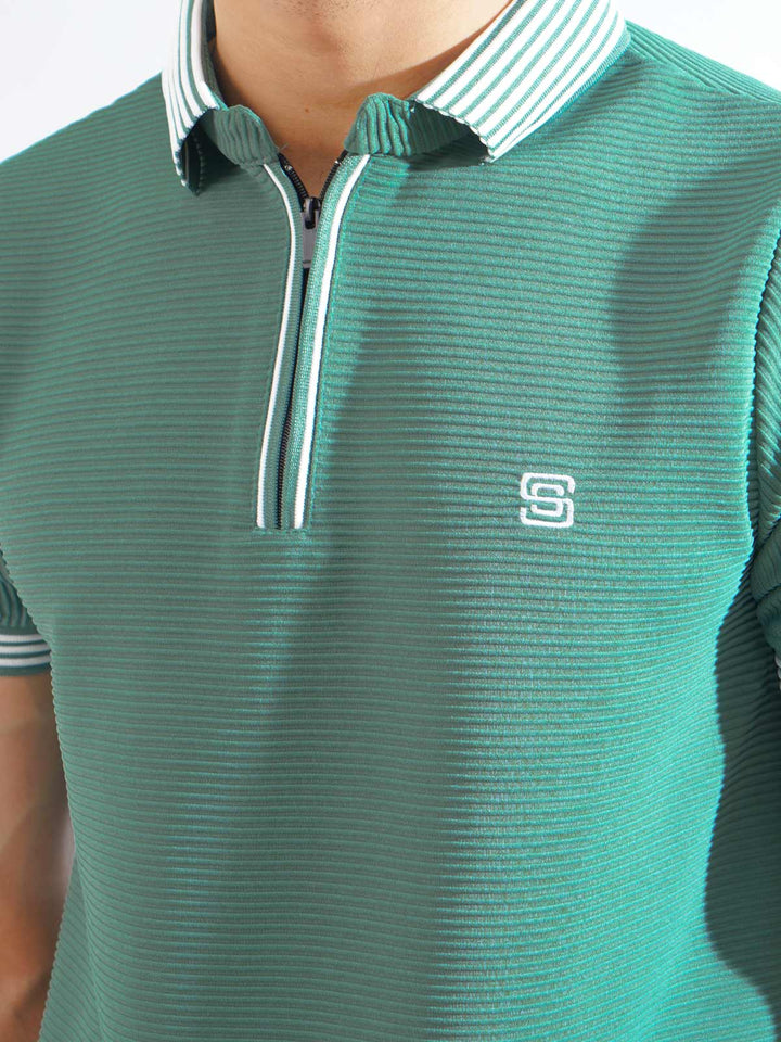 Teal Half Sleeves Premium Zipper Striped Polo T-Shirt (POLO-796)