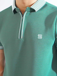 Teal Half Sleeves Premium Zipper Striped Polo T-Shirt (POLO-796)