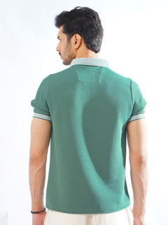 Teal Half Sleeves Premium Zipper Striped Polo T-Shirt (POLO-796)