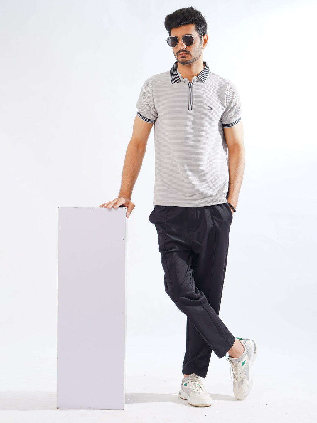 Grey Contrast Collar Half Sleeves Premium Zipper Striped Polo T-Shirt (POLO-797)