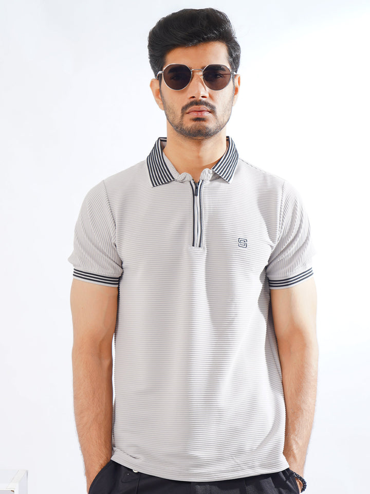 Grey Contrast Collar Half Sleeves Premium Zipper Striped Polo T-Shirt (POLO-797)