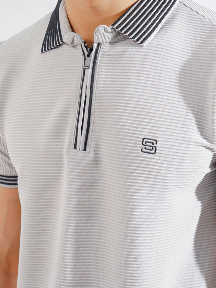 Grey Contrast Collar Half Sleeves Premium Zipper Striped Polo T-Shirt (POLO-797)